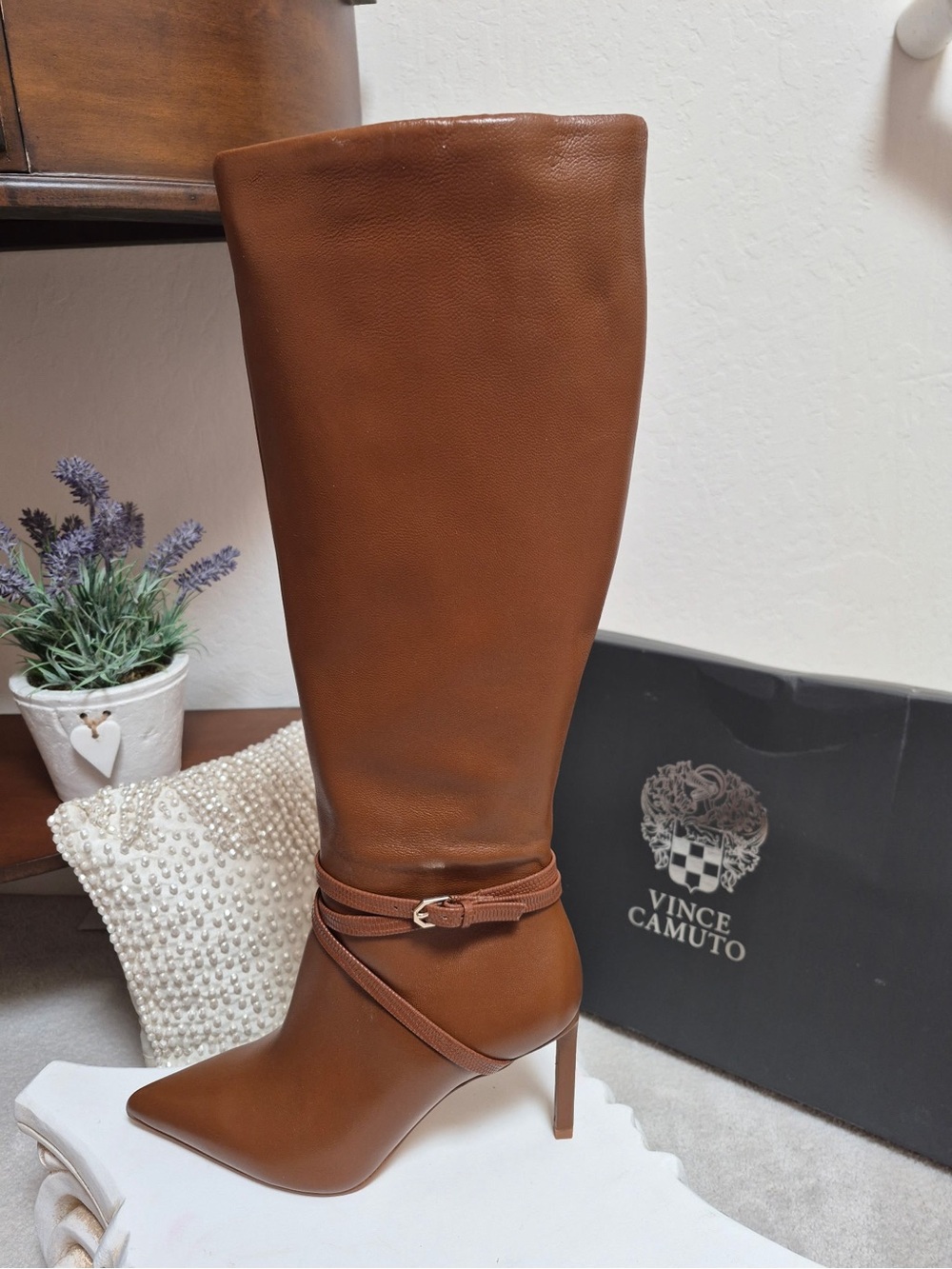 Vince Camuto Chestnut Brown Leather Knee-High Pointed-Toe Stiletto Boot